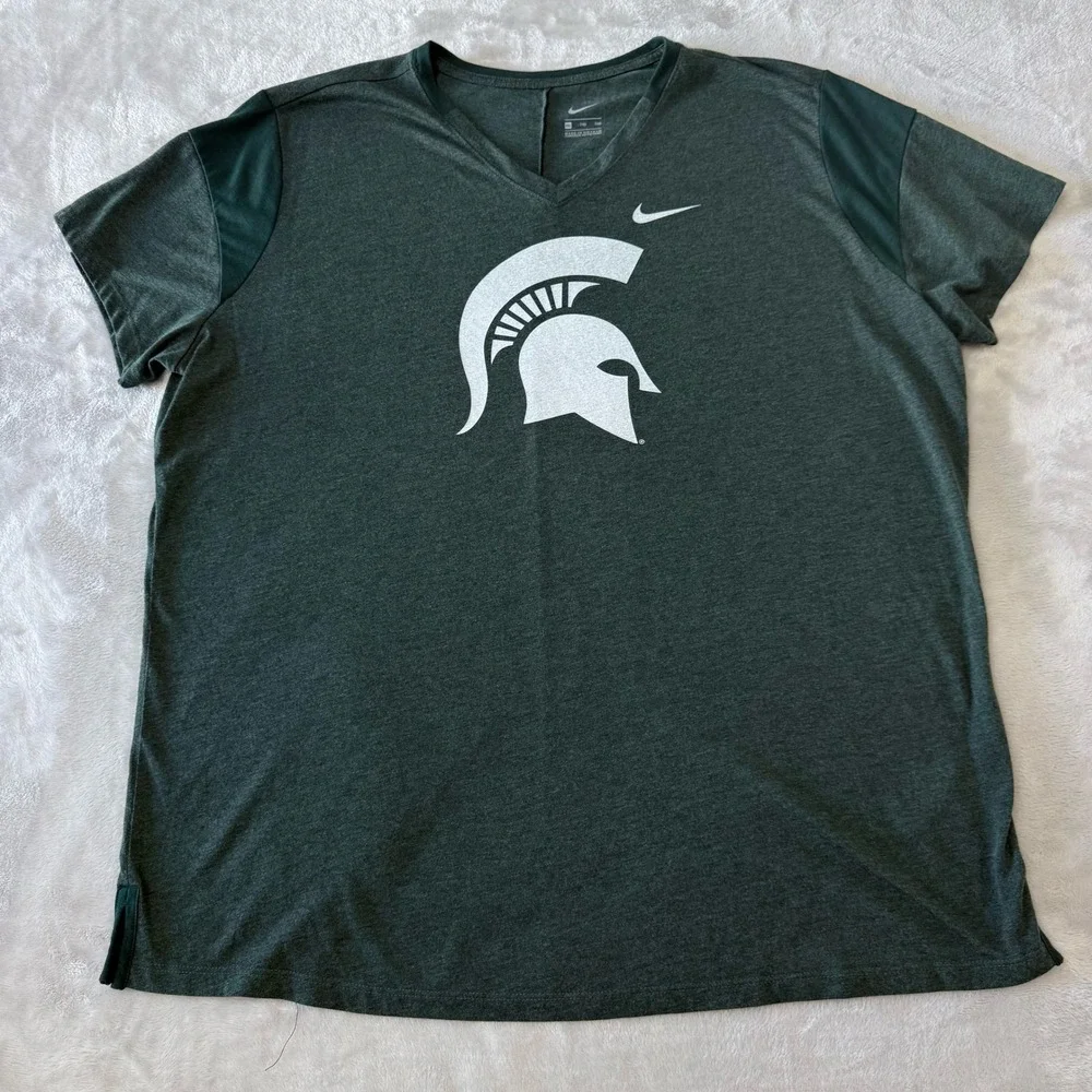 Nike‎ Michigan State Spartans V Neck T Shirt Men's XXL Green Athletic Fit